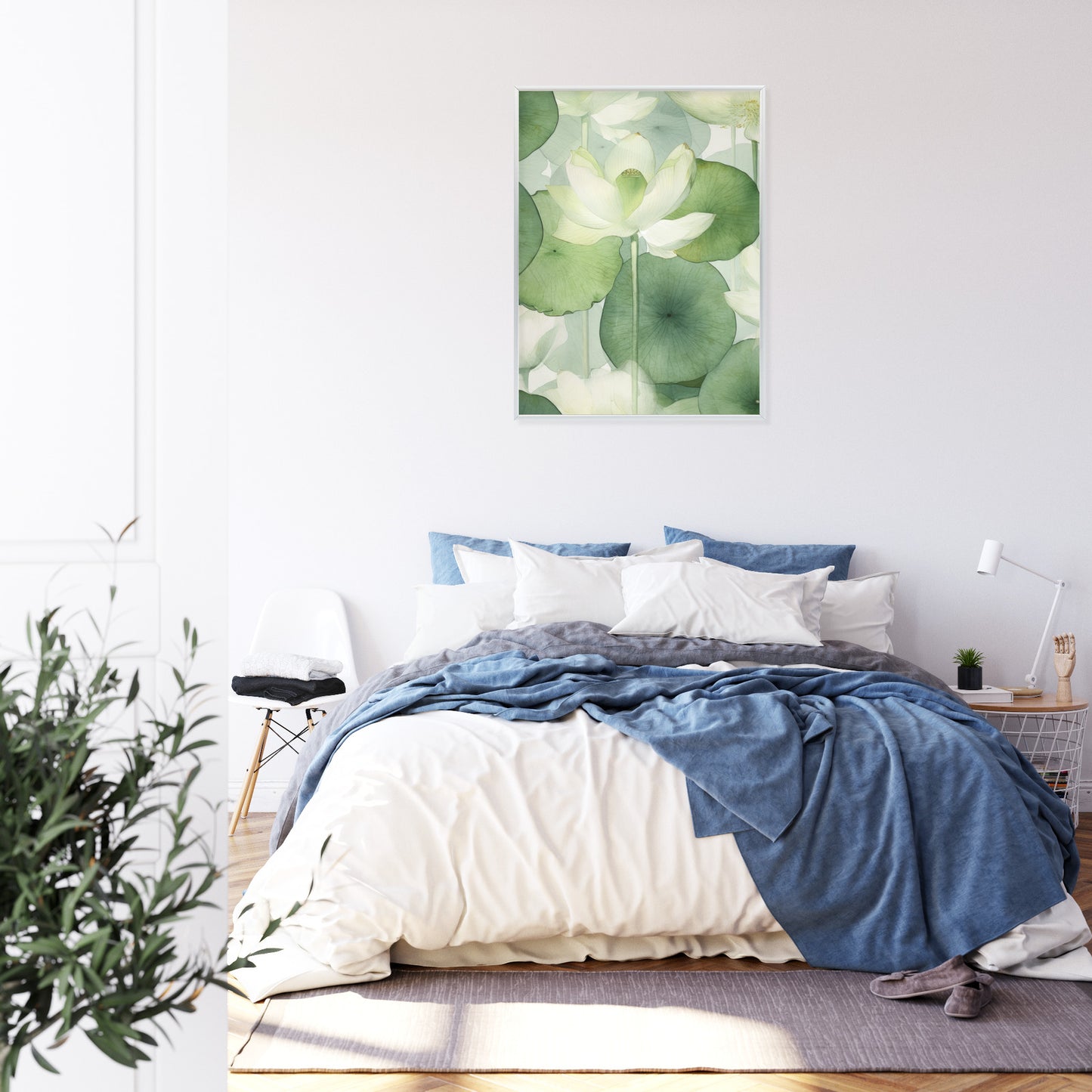 Poster Weiße Lotusblume Und Grüne Blätter Aquarell Rahmen Holz Mit Passepartout Farbe Natürlich