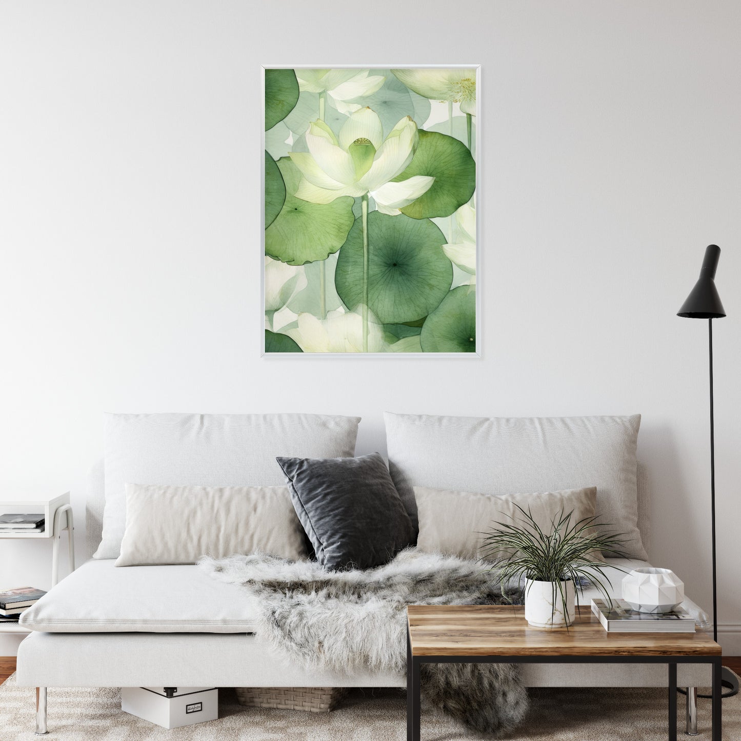 Poster Weiße Lotusblume Und Grüne Blätter Aquarell Rahmen Holz Mit Passepartout Farbe Natürlich