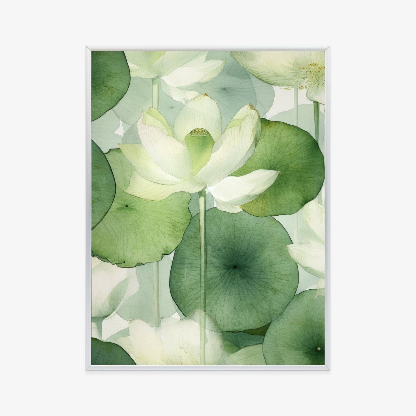 Poster Weiße Lotusblume Und Grüne Blätter Aquarell Rahmen Holz Mit Passepartout Farbe Natürlich