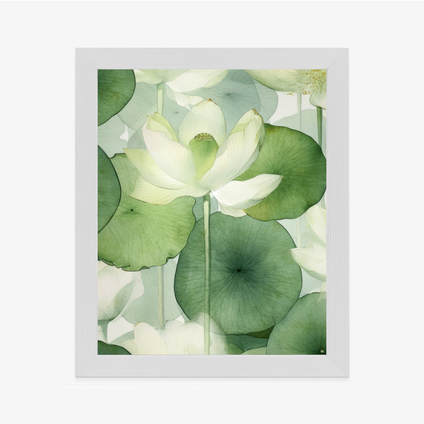 Poster Weiße Lotusblume Und Grüne Blätter Aquarell Rahmen Holz Mit Passepartout Farbe Natürlich