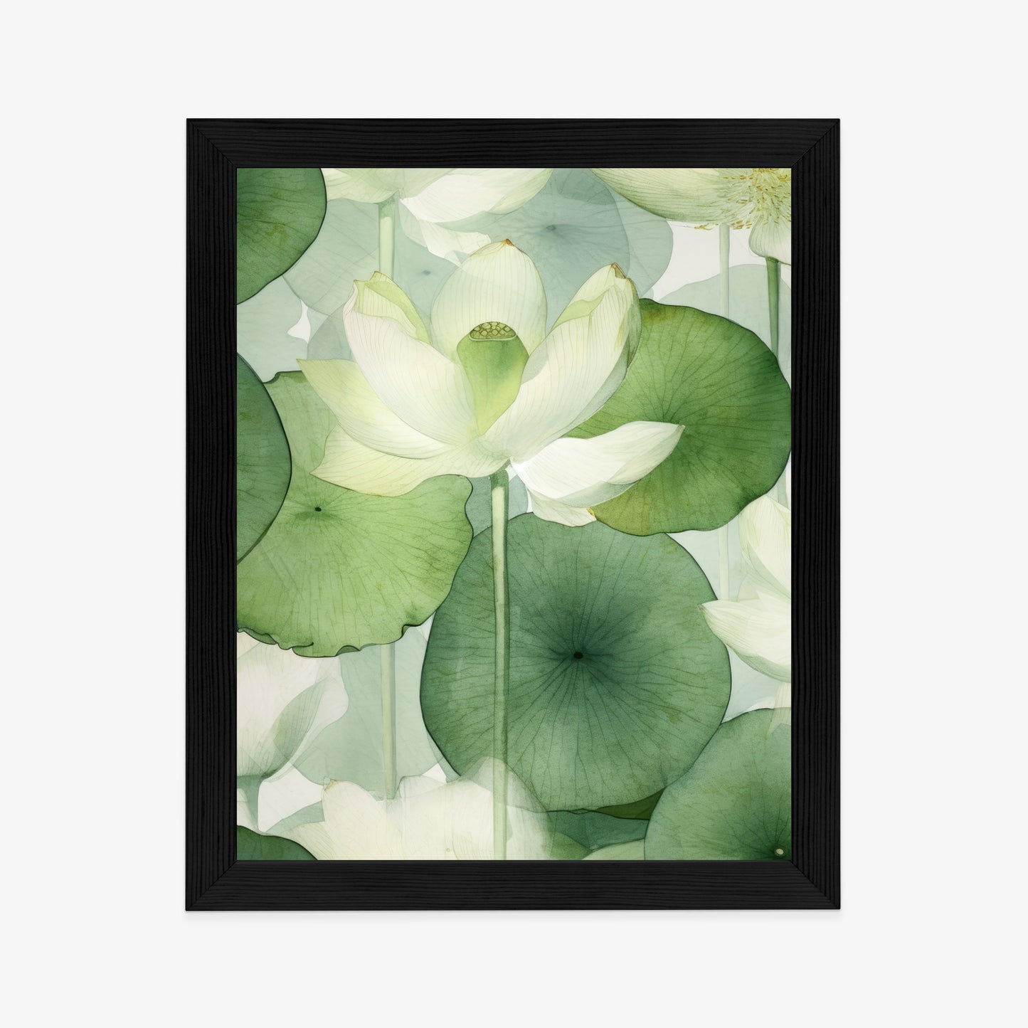 Poster Weiße Lotusblume Und Grüne Blätter Aquarell Rahmen Holz Mit Passepartout Farbe Natürlich