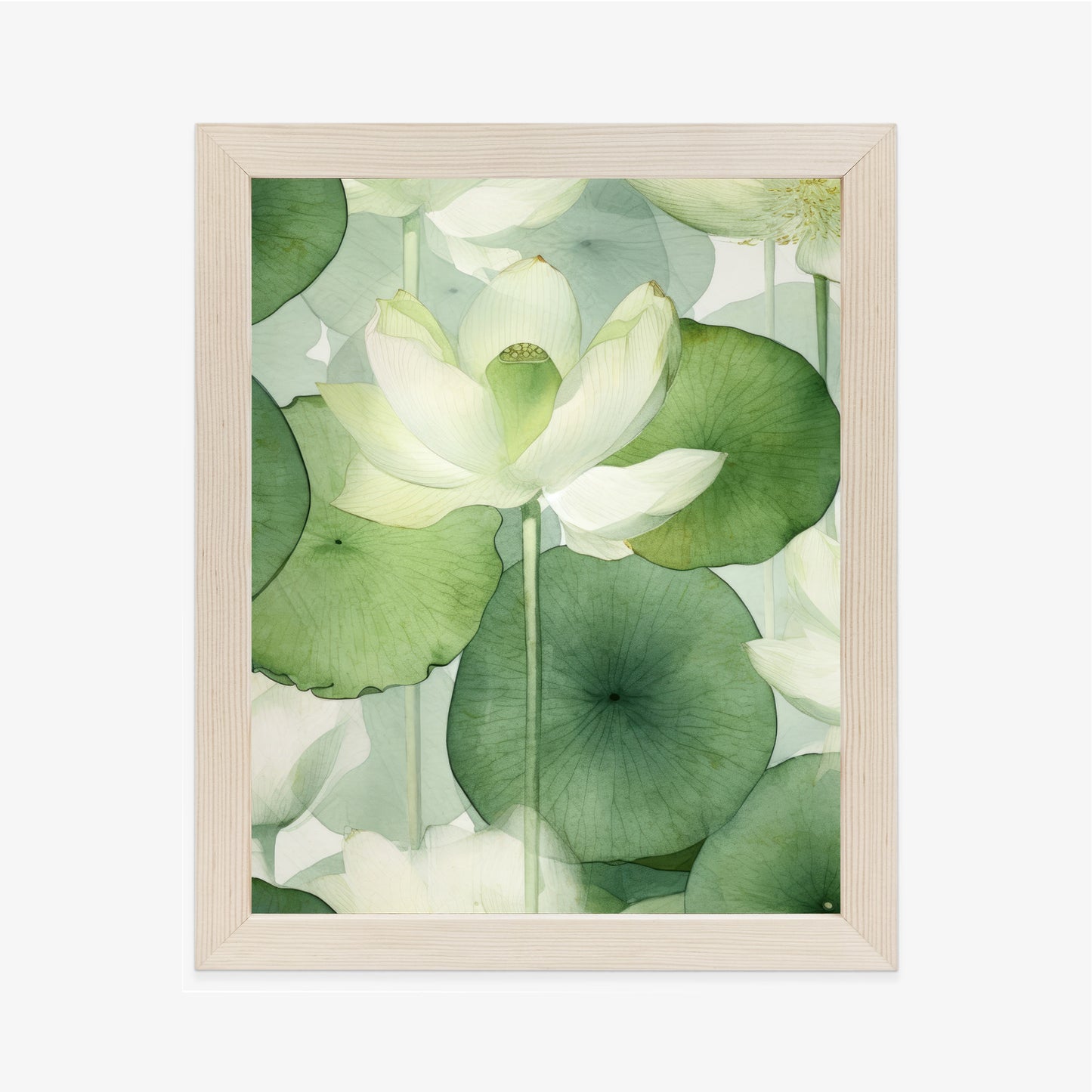 Poster Weiße Lotusblume Und Grüne Blätter Aquarell Rahmen Holz Mit Passepartout Farbe Natürlich