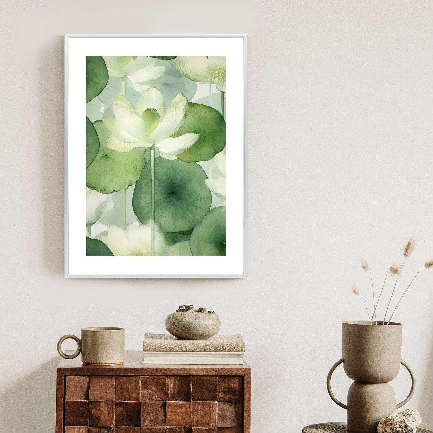 Poster Weiße Lotusblume Und Grüne Blätter Aquarell Rahmen Holz Mit Passepartout Farbe Natürlich