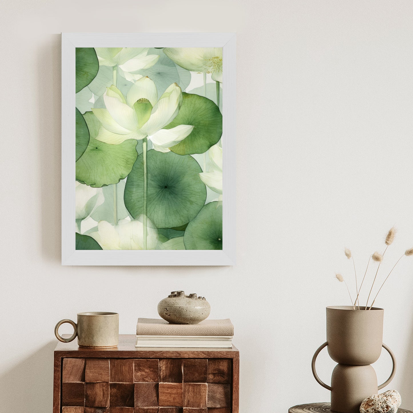 Poster Weiße Lotusblume Und Grüne Blätter Aquarell Rahmen Holz Mit Passepartout Farbe Natürlich
