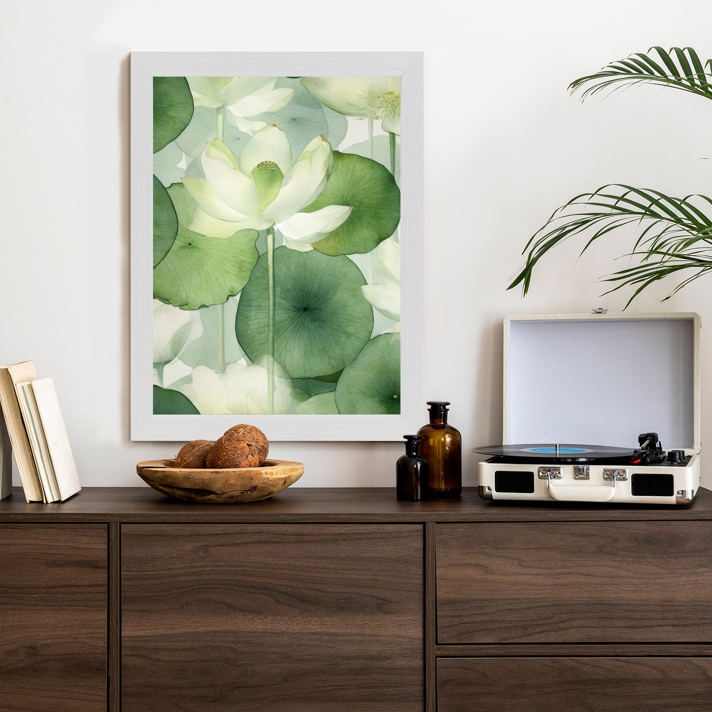 Poster Weiße Lotusblume Und Grüne Blätter Aquarell Rahmen Holz Mit Passepartout Farbe Natürlich