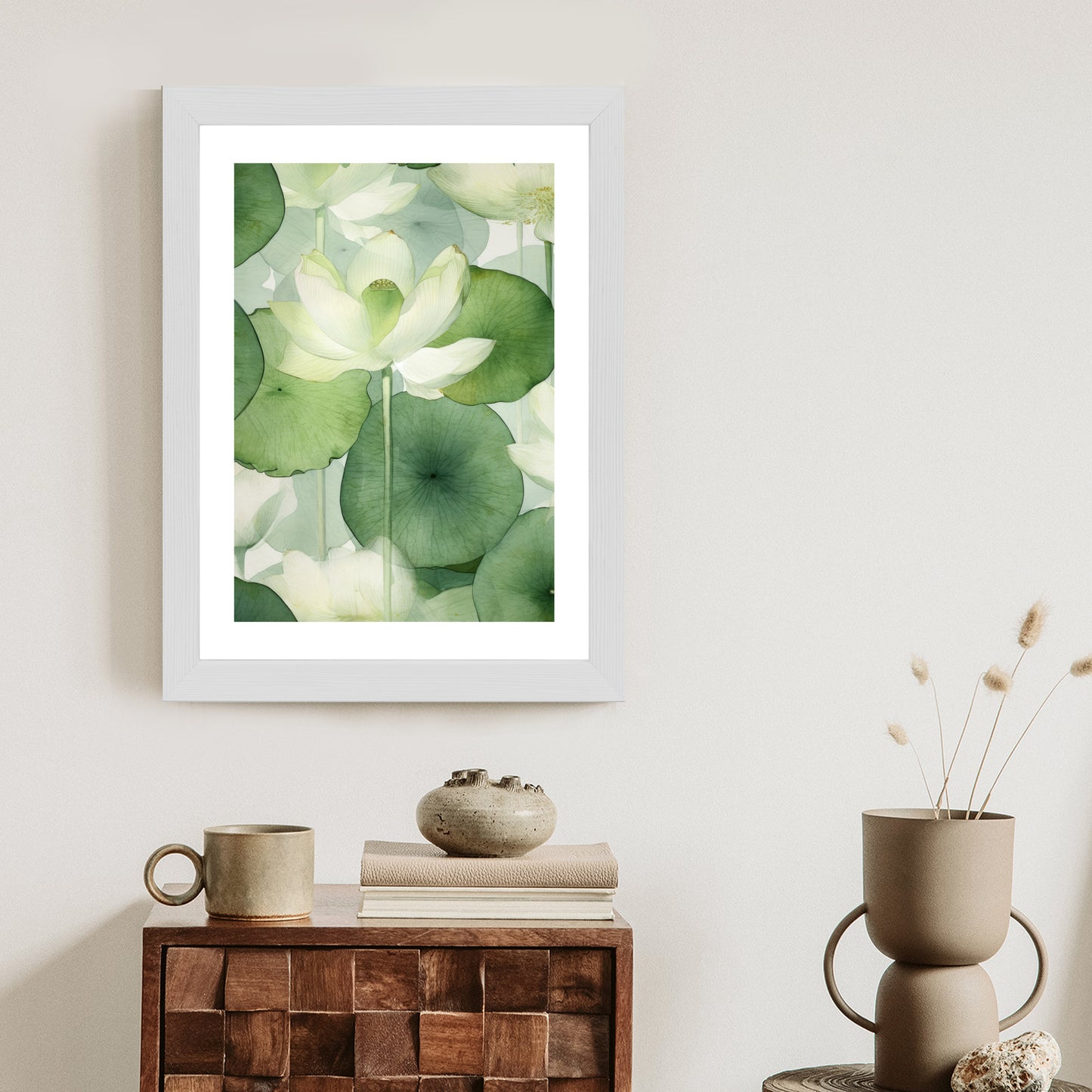 Poster Weiße Lotusblume Und Grüne Blätter Aquarell Rahmen Holz Mit Passepartout Farbe Natürlich