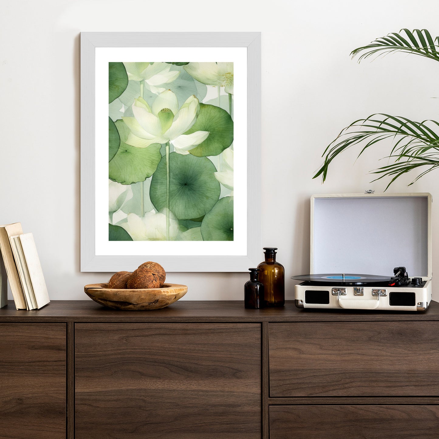 Poster Weiße Lotusblume Und Grüne Blätter Aquarell Rahmen Holz Mit Passepartout Farbe Natürlich