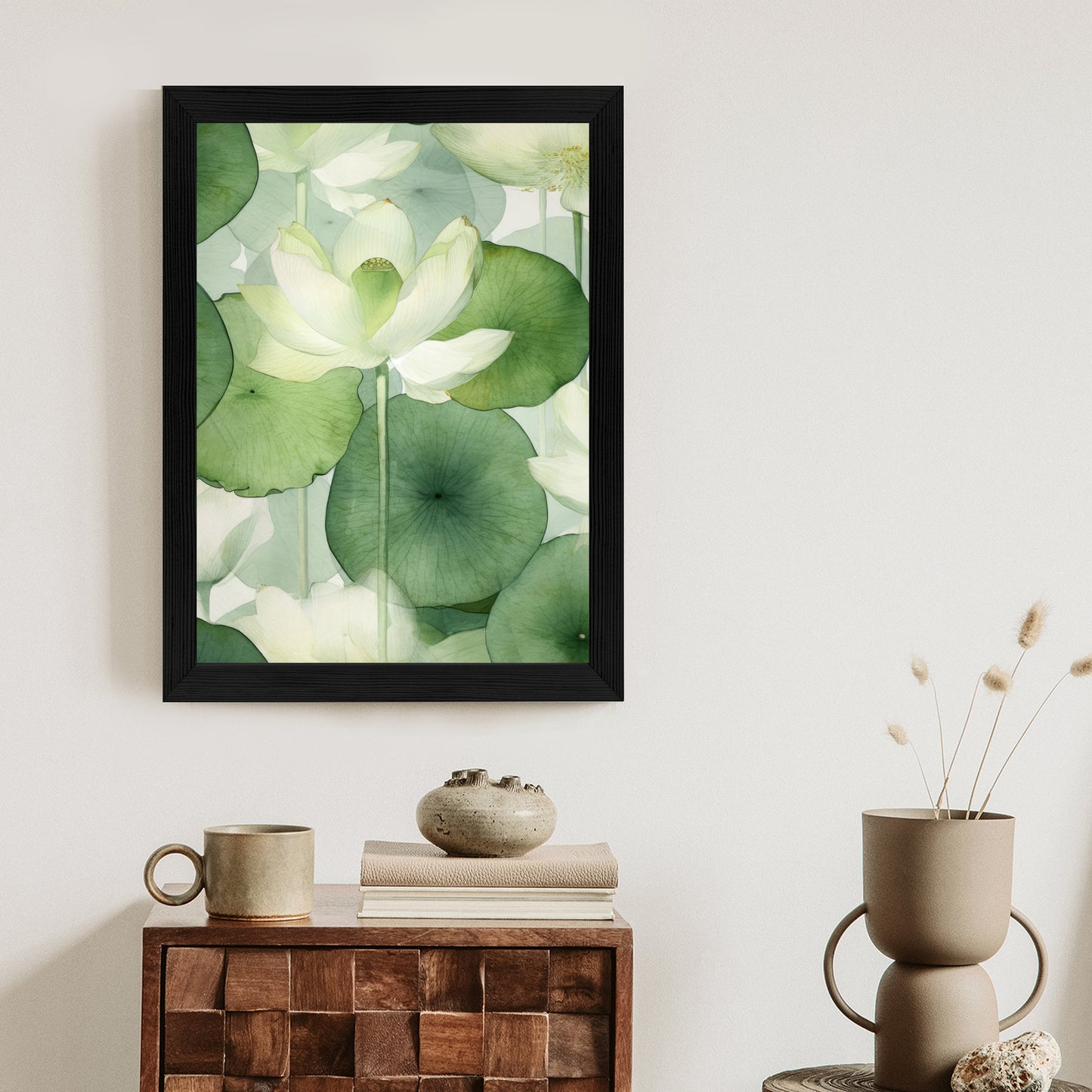 Poster Weiße Lotusblume Und Grüne Blätter Aquarell Rahmen Holz Mit Passepartout Farbe Natürlich