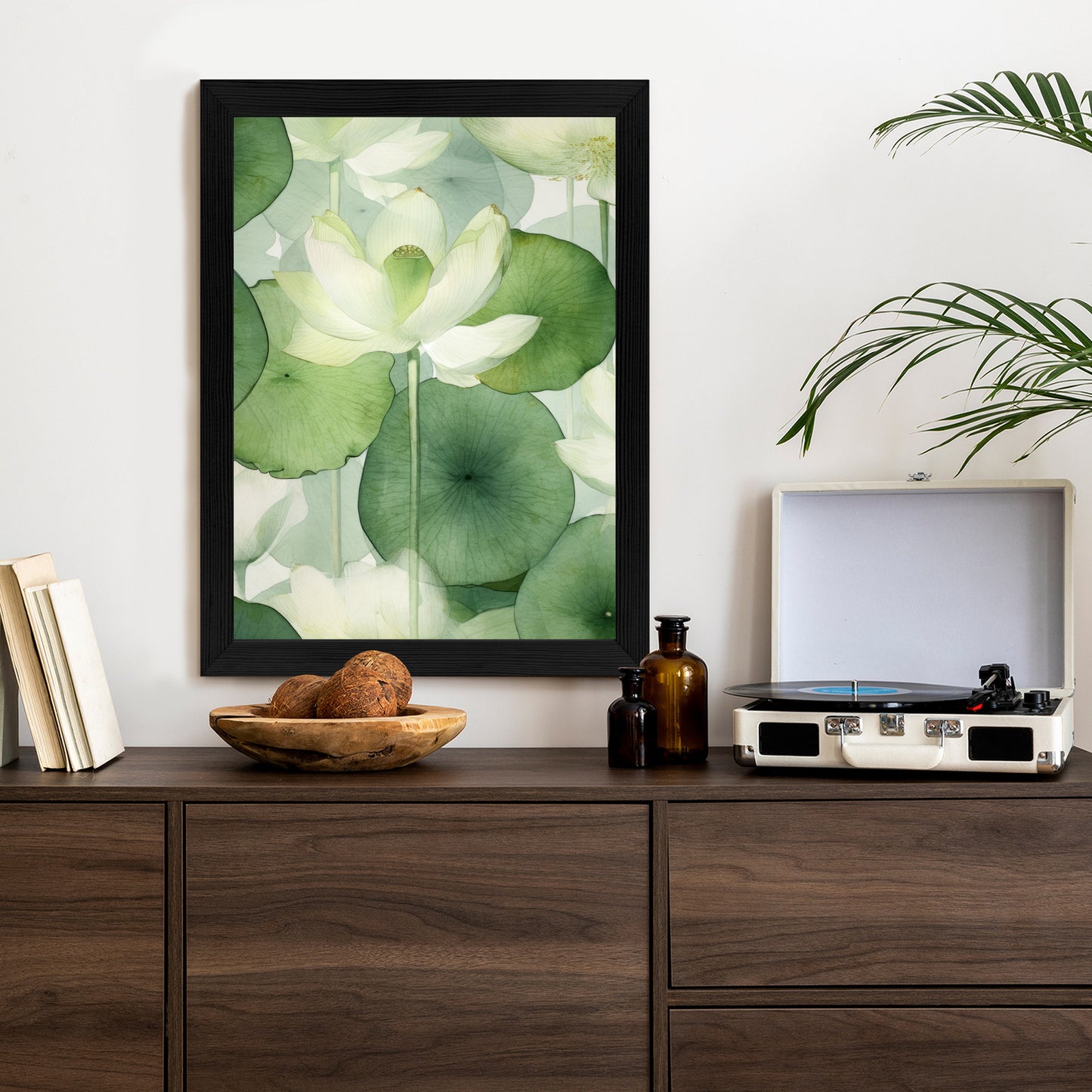 Poster Weiße Lotusblume Und Grüne Blätter Aquarell Rahmen Holz Mit Passepartout Farbe Natürlich