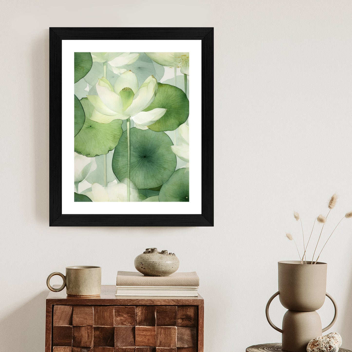 Poster Weiße Lotusblume Und Grüne Blätter Aquarell Rahmen Holz Mit Passepartout Farbe Natürlich