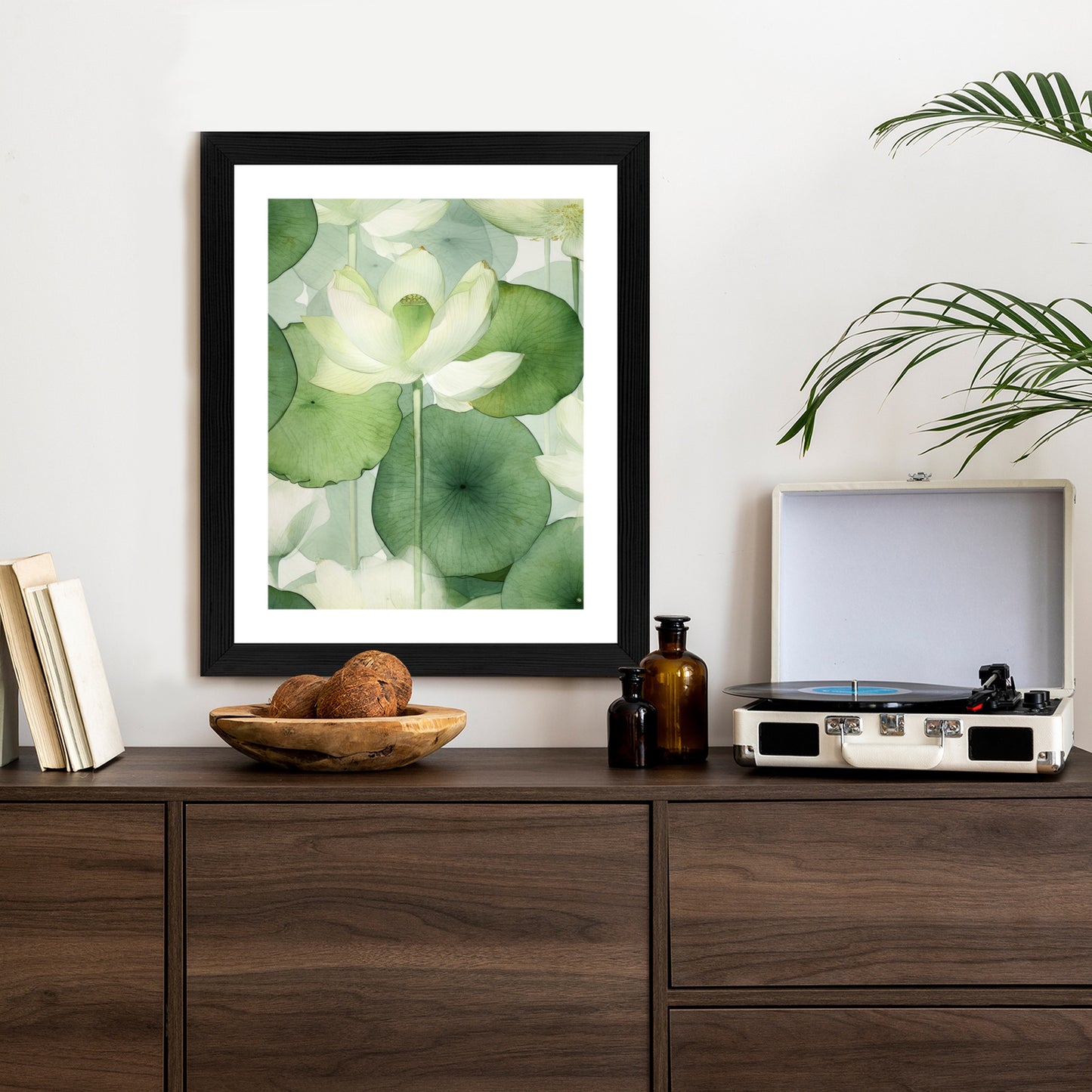 Poster Weiße Lotusblume Und Grüne Blätter Aquarell Rahmen Holz Mit Passepartout Farbe Natürlich