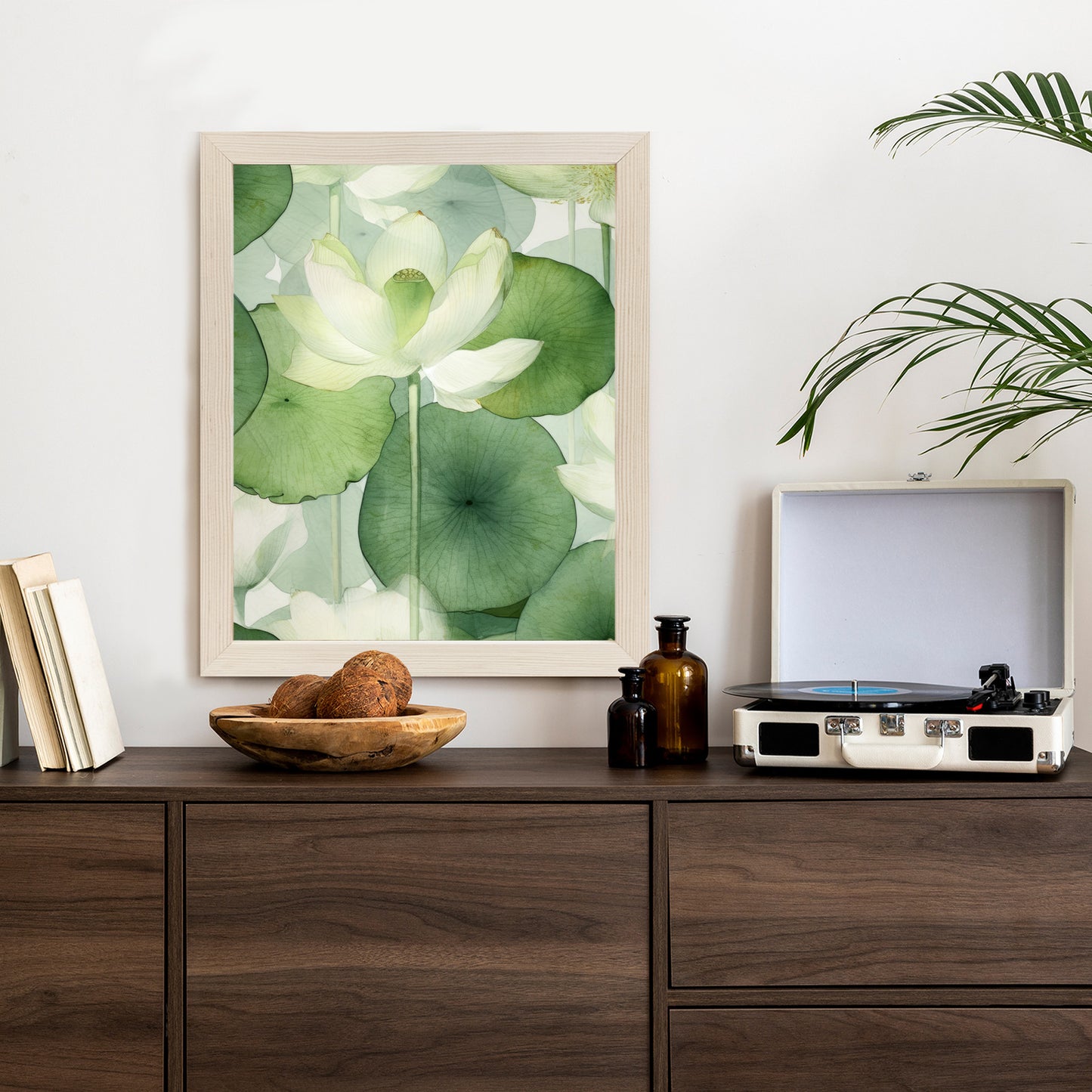Poster Weiße Lotusblume Und Grüne Blätter Aquarell Rahmen Holz Mit Passepartout Farbe Natürlich