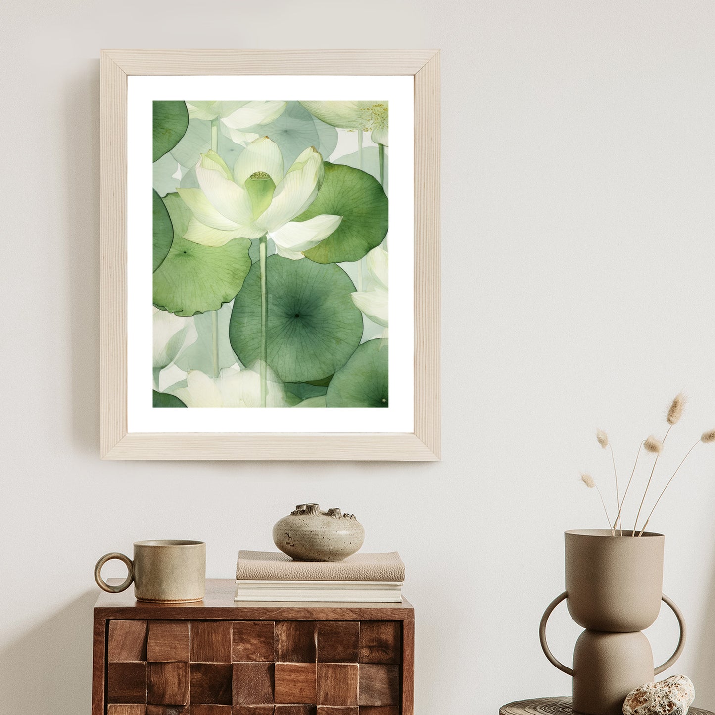 Poster Weiße Lotusblume Und Grüne Blätter Aquarell Rahmen Holz Mit Passepartout Farbe Natürlich