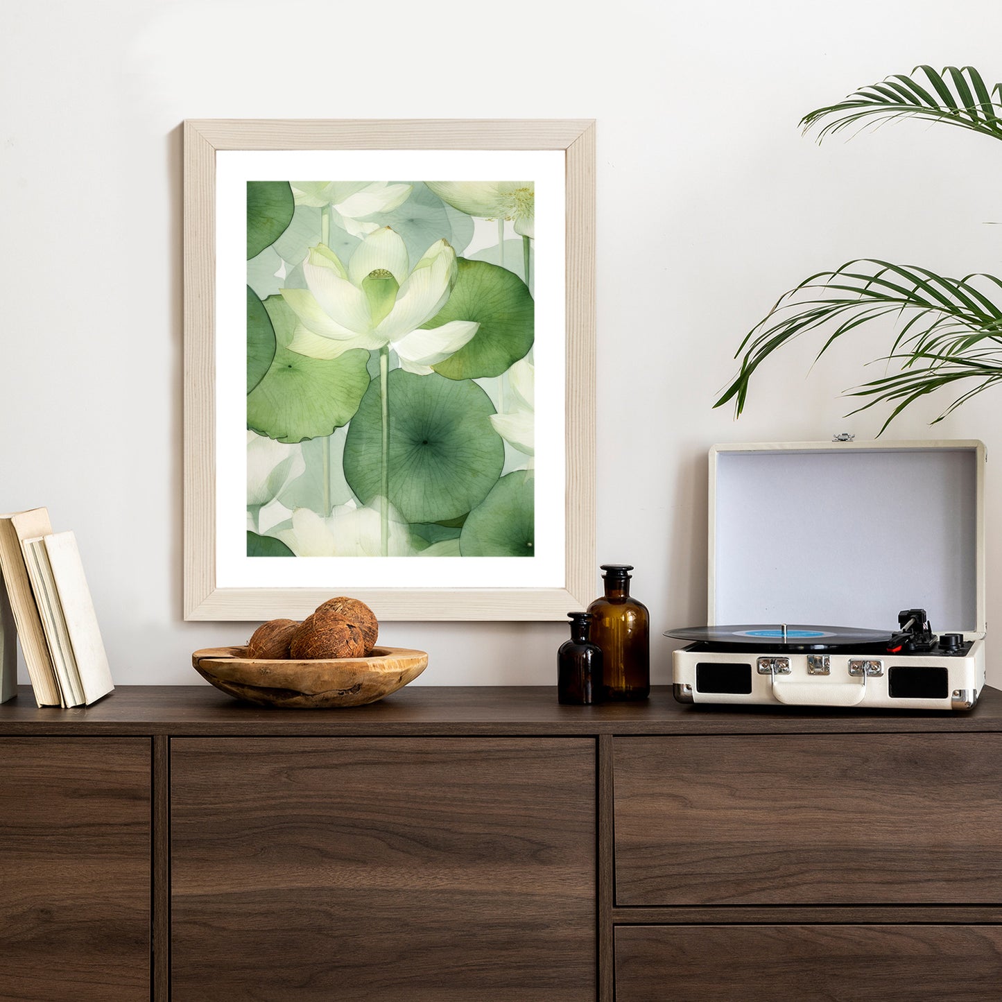 Poster Weiße Lotusblume Und Grüne Blätter Aquarell Rahmen Holz Mit Passepartout Farbe Natürlich