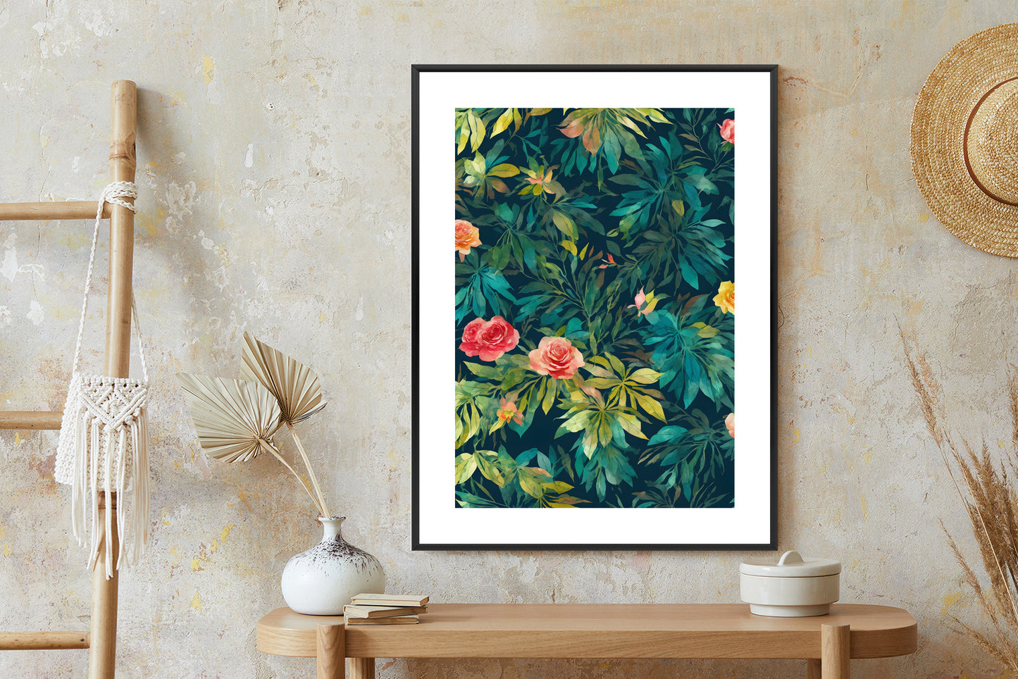 Poster Aquarell Wildrosen Rahmen Holz Mit Passepartout Farbe Natürlich