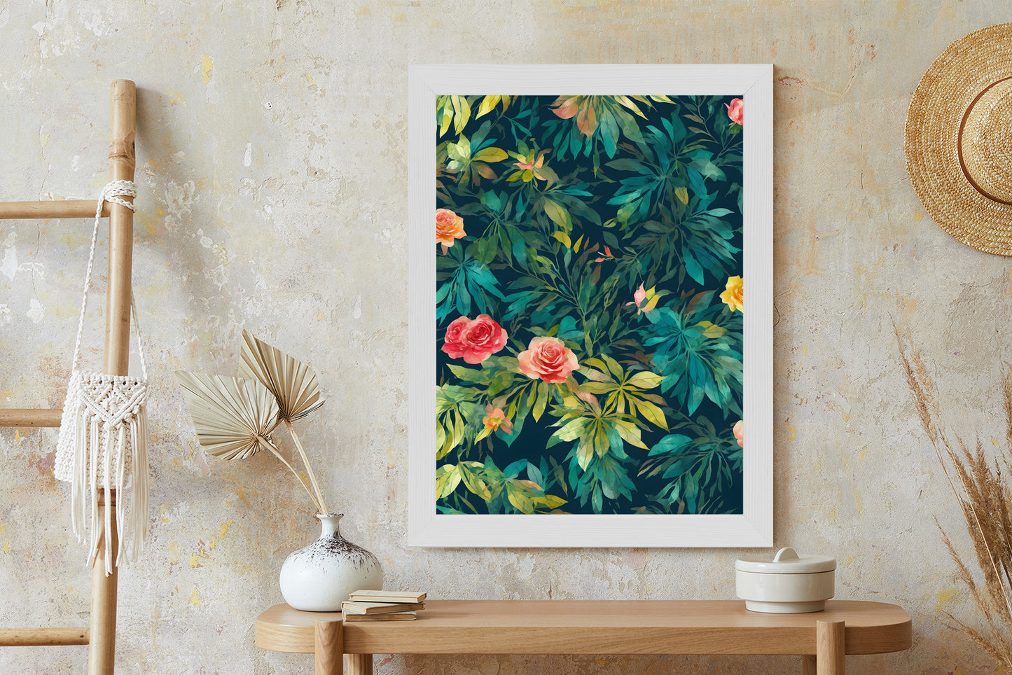 Poster Aquarell Wildrosen Rahmen Holz Mit Passepartout Farbe Natürlich