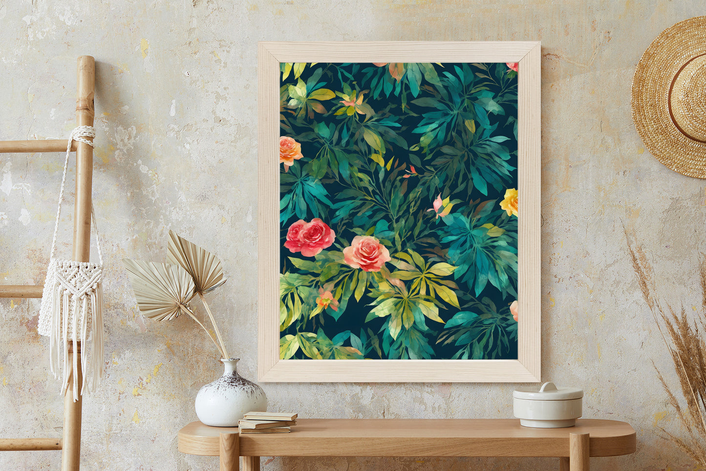 Poster Aquarell Wildrosen Rahmen Holz Mit Passepartout Farbe Natürlich