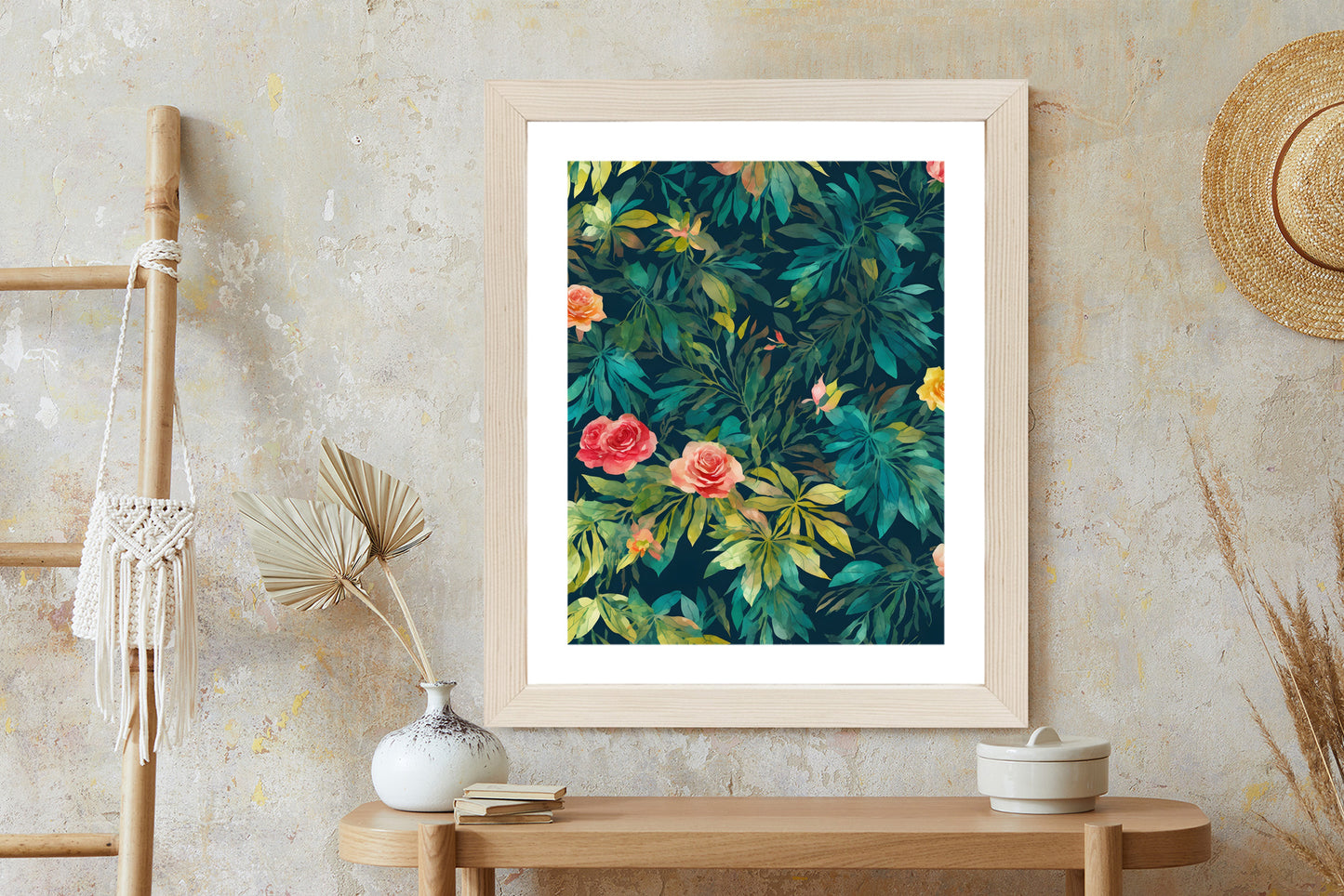 Poster Aquarell Wildrosen Rahmen Holz Mit Passepartout Farbe Natürlich