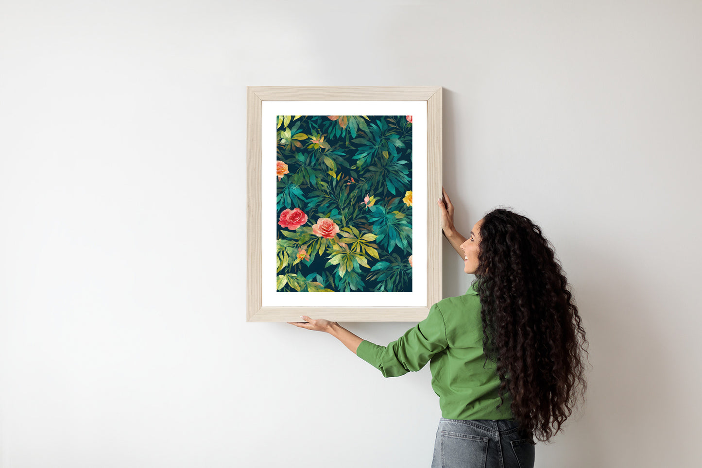 Poster Aquarell Wildrosen Rahmen Holz Mit Passepartout Farbe Natürlich