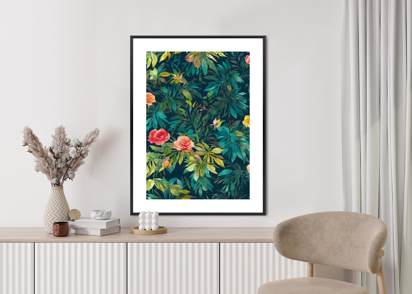 Poster Aquarell Wildrosen Rahmen Holz Mit Passepartout Farbe Natürlich