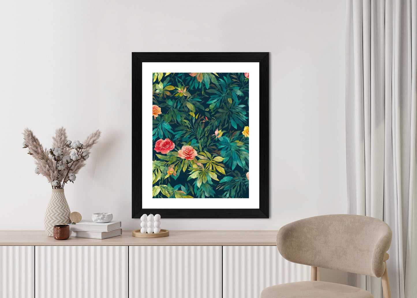 Poster Aquarell Wildrosen Rahmen Holz Mit Passepartout Farbe Natürlich