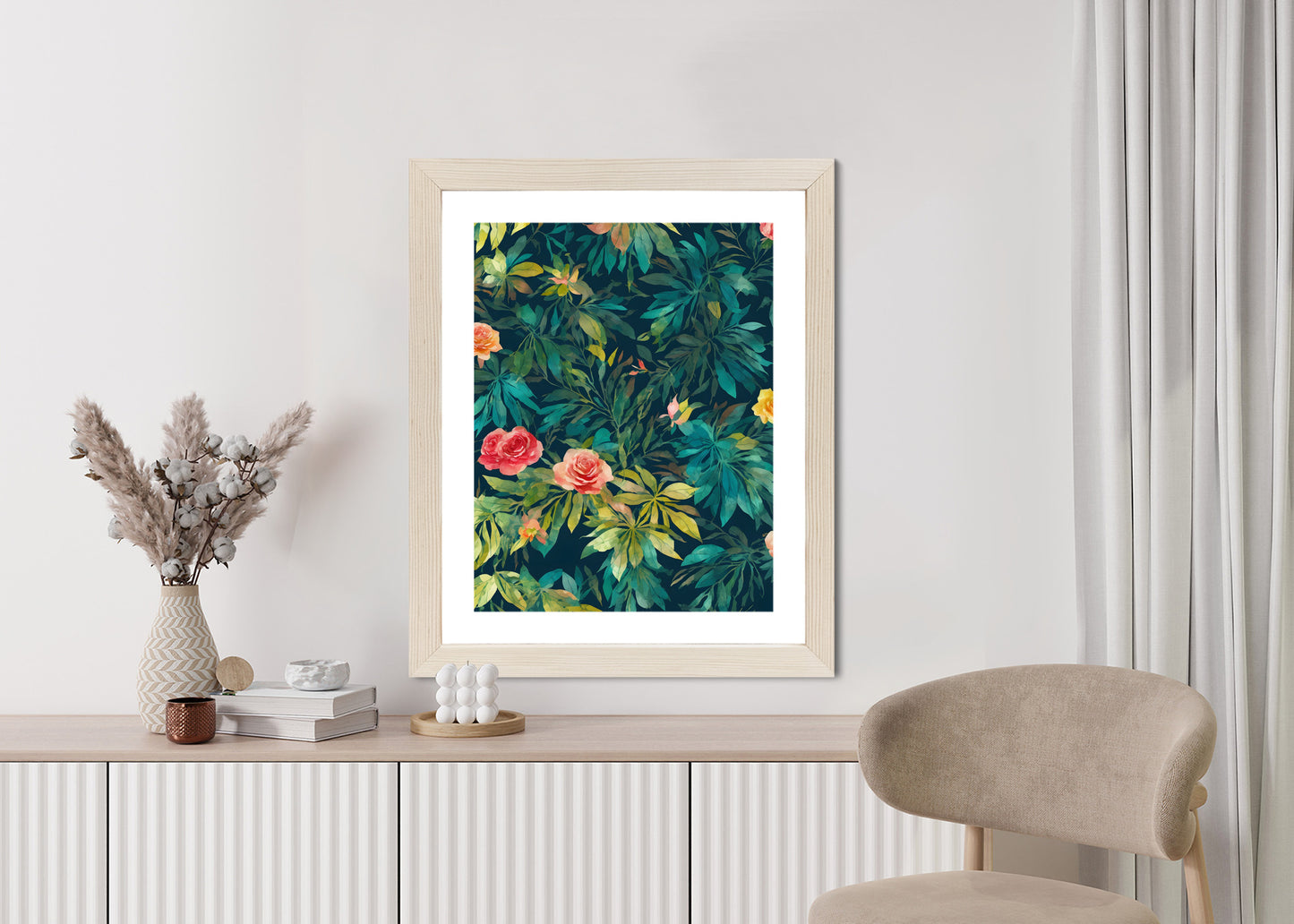 Poster Aquarell Wildrosen Rahmen Holz Mit Passepartout Farbe Natürlich