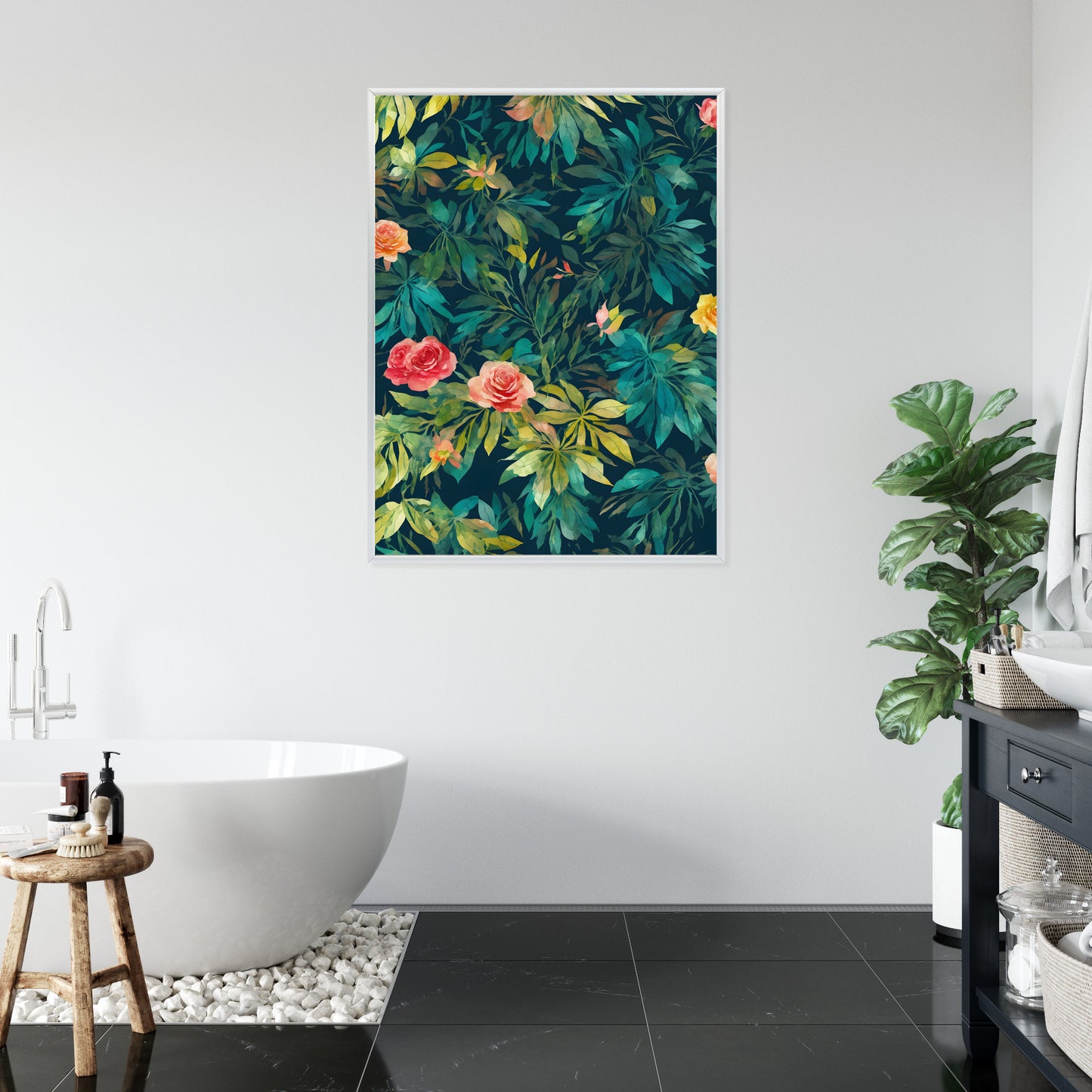 Poster Aquarell Wildrosen Rahmen Holz Mit Passepartout Farbe Natürlich