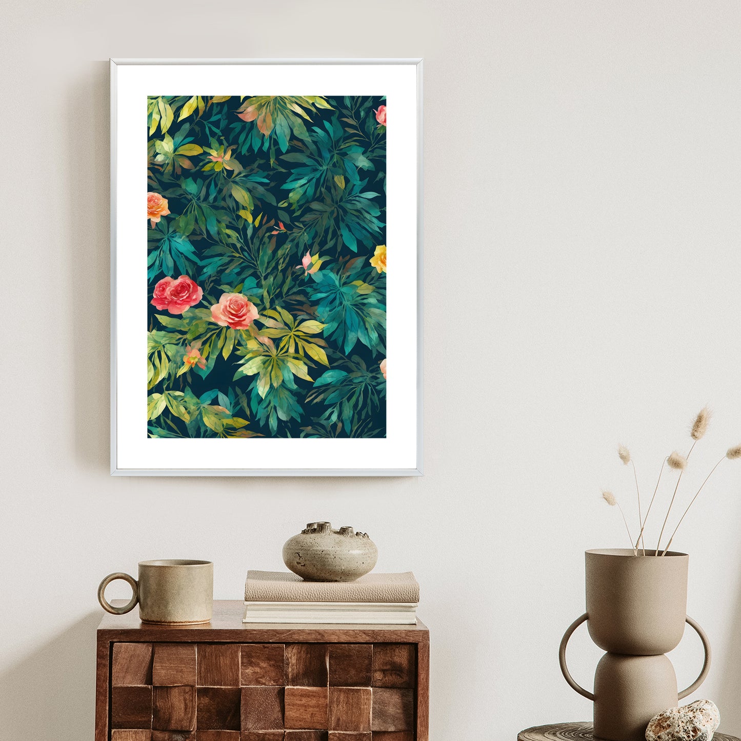 Poster Aquarell Wildrosen Rahmen Holz Mit Passepartout Farbe Natürlich