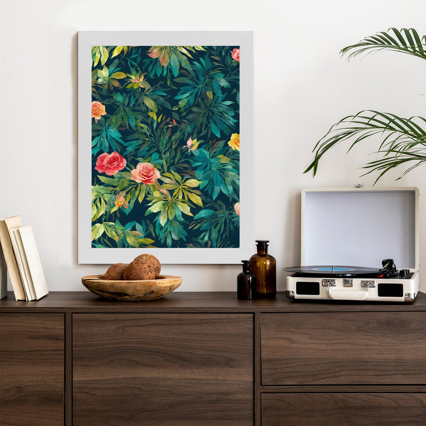 Poster Aquarell Wildrosen Rahmen Holz Mit Passepartout Farbe Natürlich