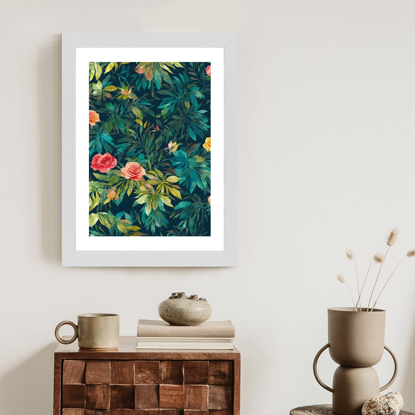 Poster Aquarell Wildrosen Rahmen Holz Mit Passepartout Farbe Natürlich