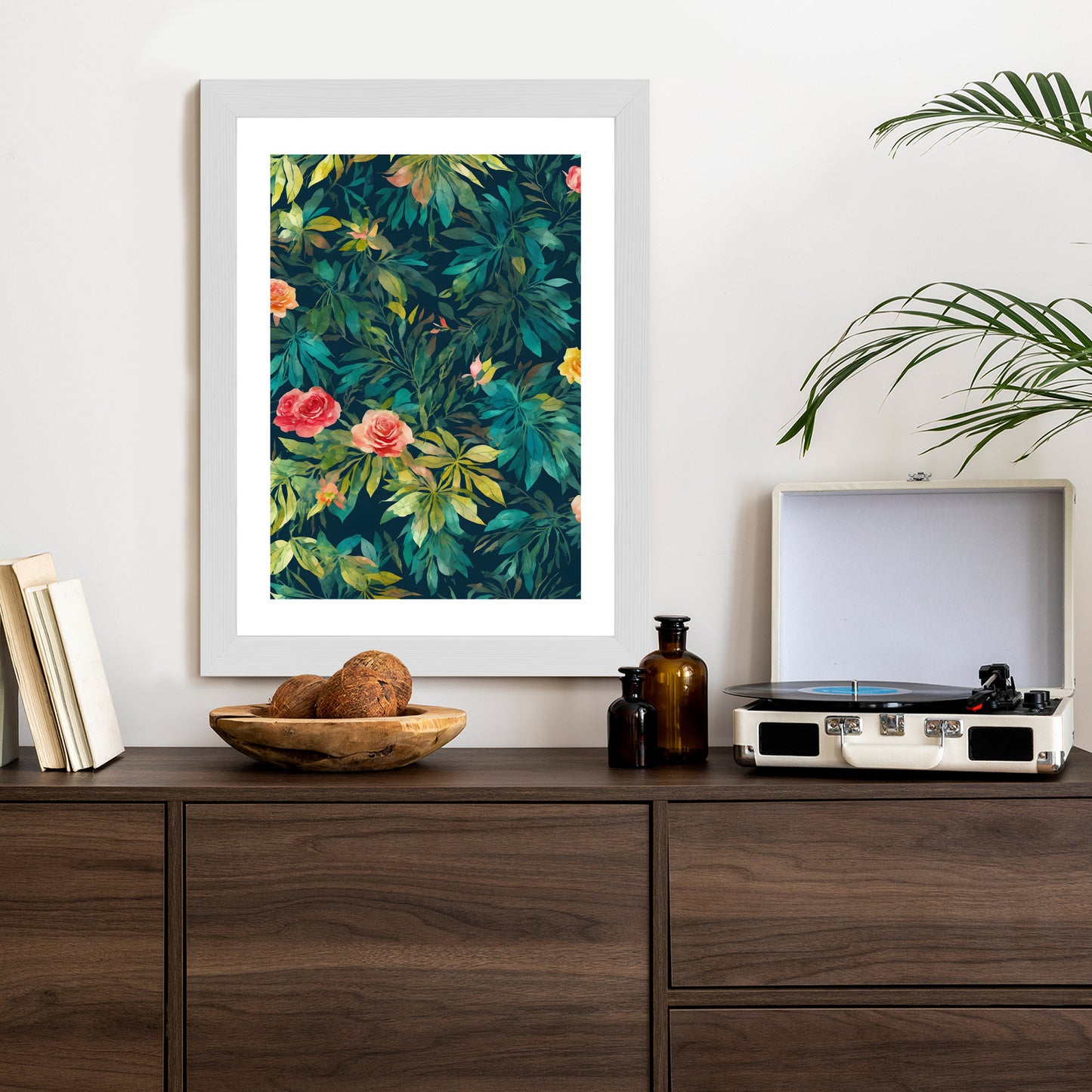 Poster Aquarell Wildrosen Rahmen Holz Mit Passepartout Farbe Natürlich