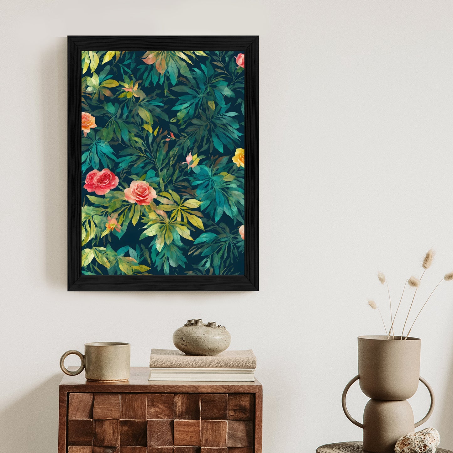Poster Aquarell Wildrosen Rahmen Holz Mit Passepartout Farbe Natürlich
