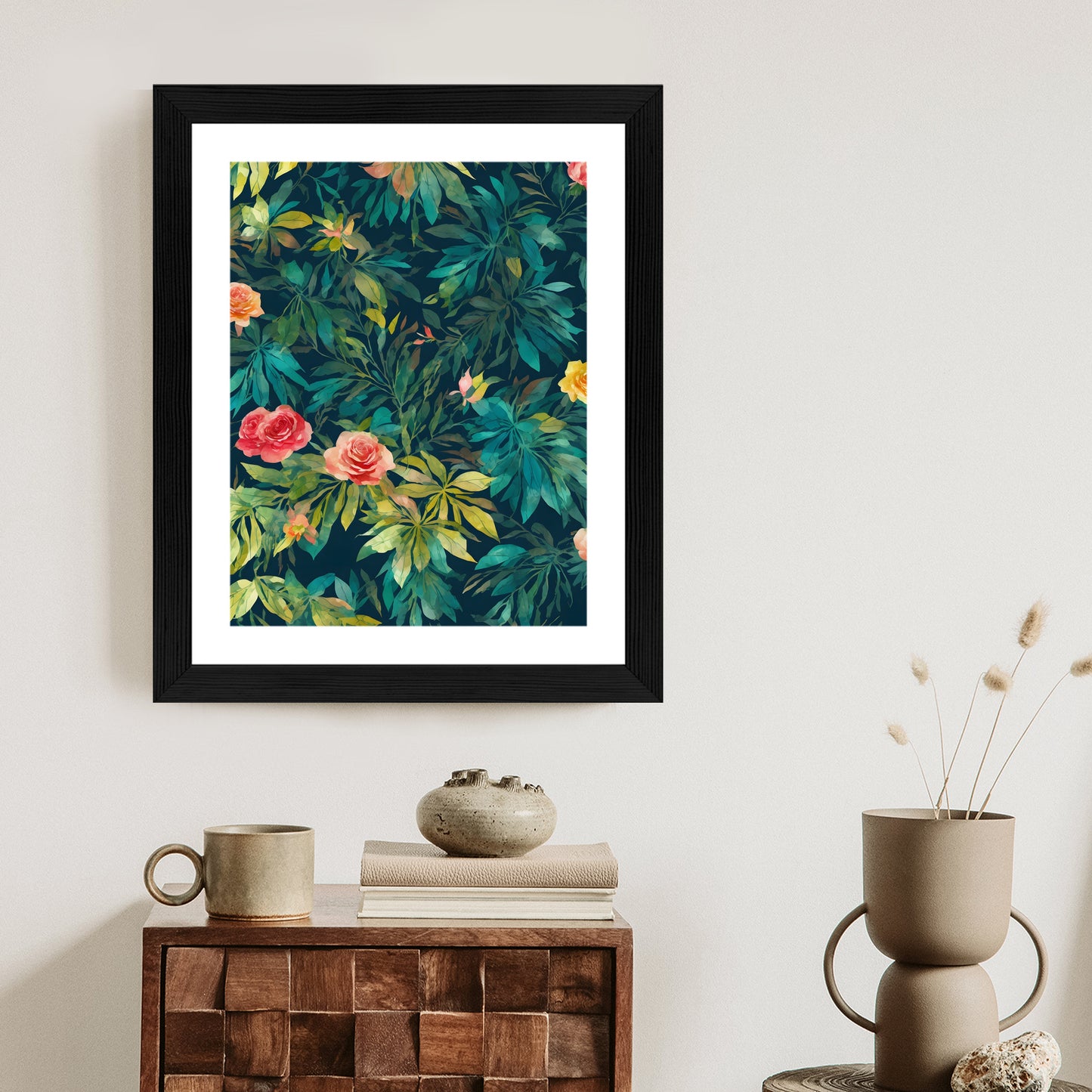Poster Aquarell Wildrosen Rahmen Holz Mit Passepartout Farbe Natürlich