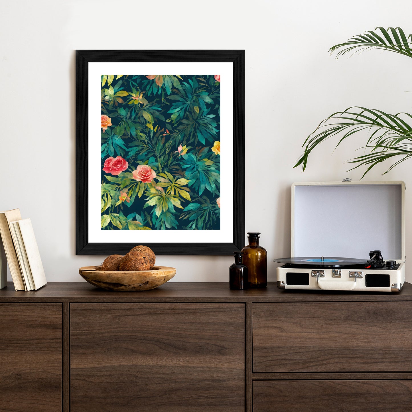 Poster Aquarell Wildrosen Rahmen Holz Mit Passepartout Farbe Natürlich