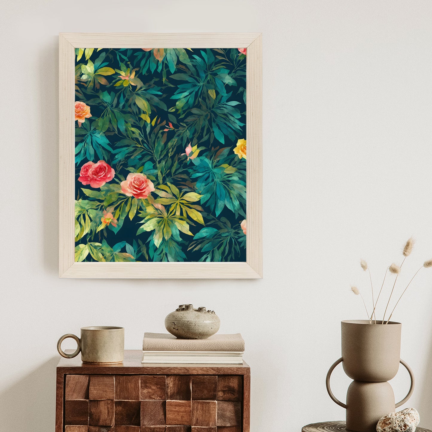 Poster Aquarell Wildrosen Rahmen Holz Mit Passepartout Farbe Natürlich