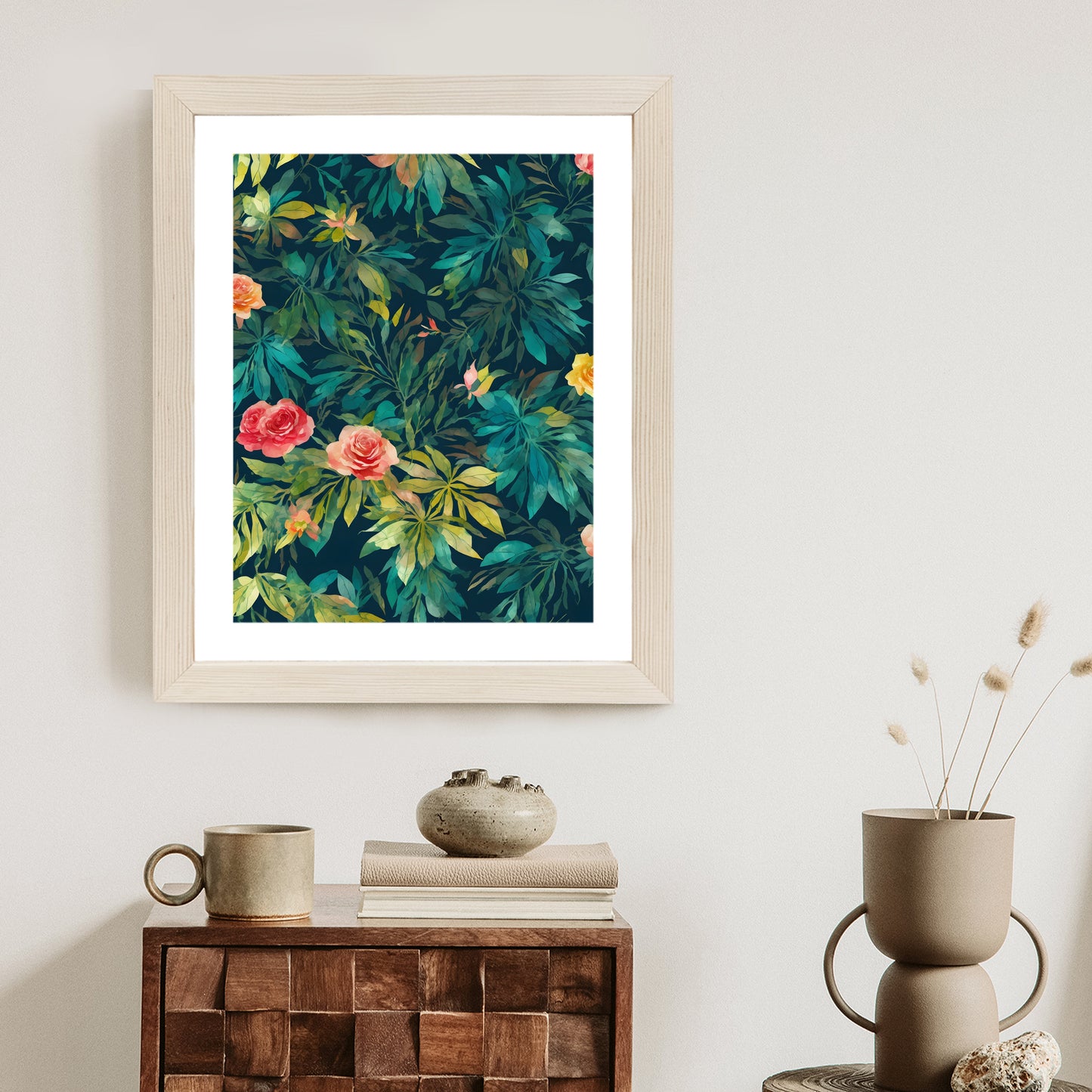 Poster Aquarell Wildrosen Rahmen Holz Mit Passepartout Farbe Natürlich