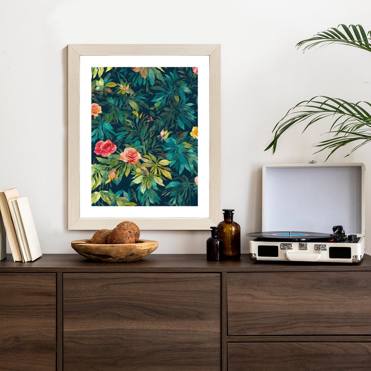 Poster Aquarell Wildrosen Rahmen Holz Mit Passepartout Farbe Natürlich