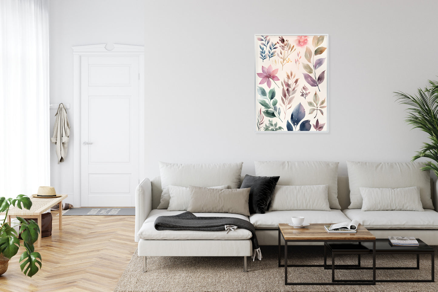 Poster Bunte Blätter Mit Aquarell Bemalt Rahmen Holz Mit Passepartout Farbe Natürlich