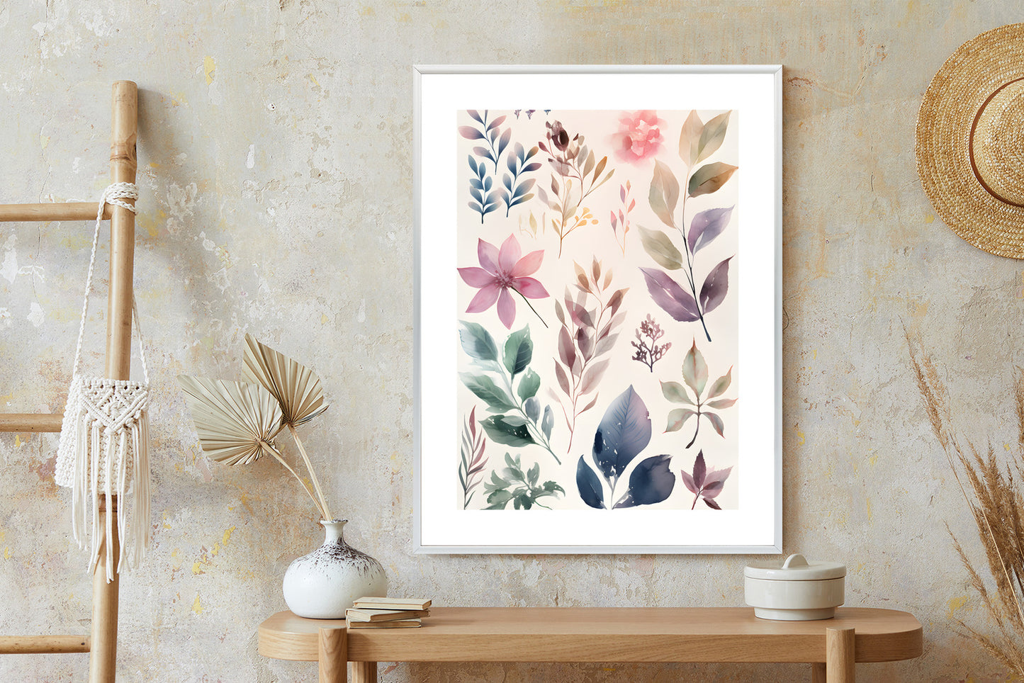 Poster Bunte Blätter Mit Aquarell Bemalt Rahmen Holz Mit Passepartout Farbe Natürlich