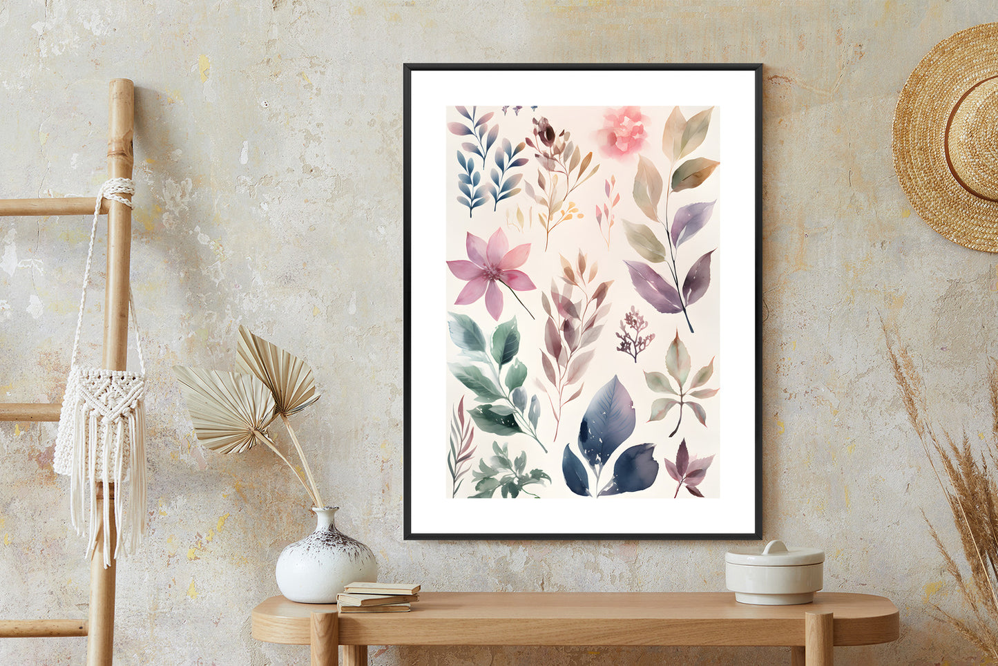 Poster Bunte Blätter Mit Aquarell Bemalt Rahmen Holz Mit Passepartout Farbe Natürlich