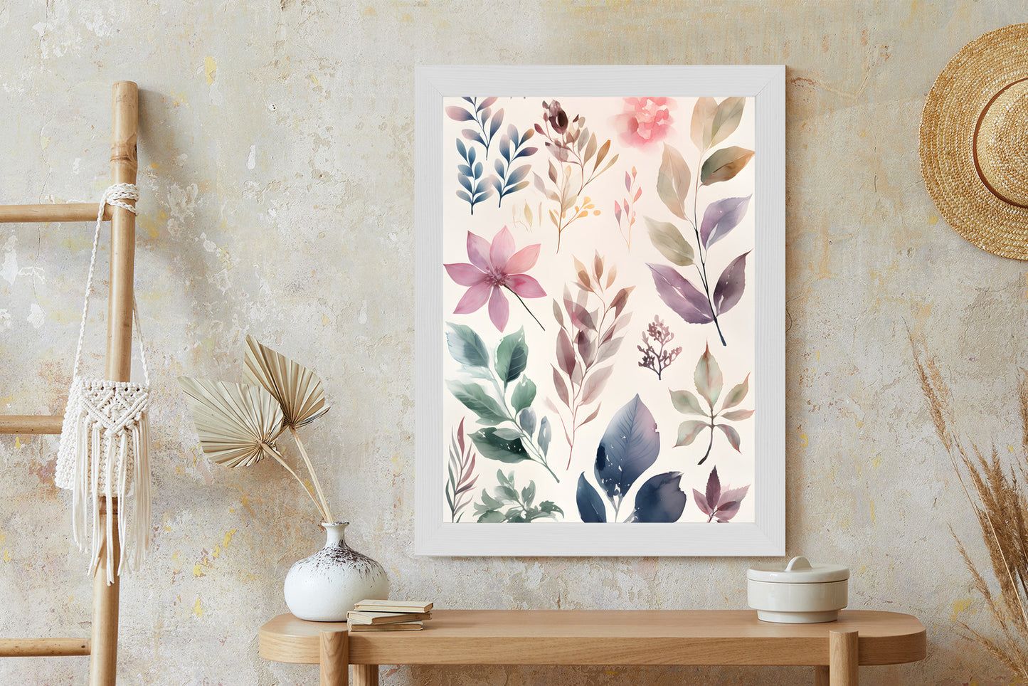 Poster Bunte Blätter Mit Aquarell Bemalt Rahmen Holz Mit Passepartout Farbe Natürlich