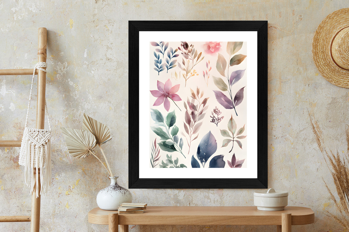 Poster Bunte Blätter Mit Aquarell Bemalt Rahmen Holz Mit Passepartout Farbe Natürlich