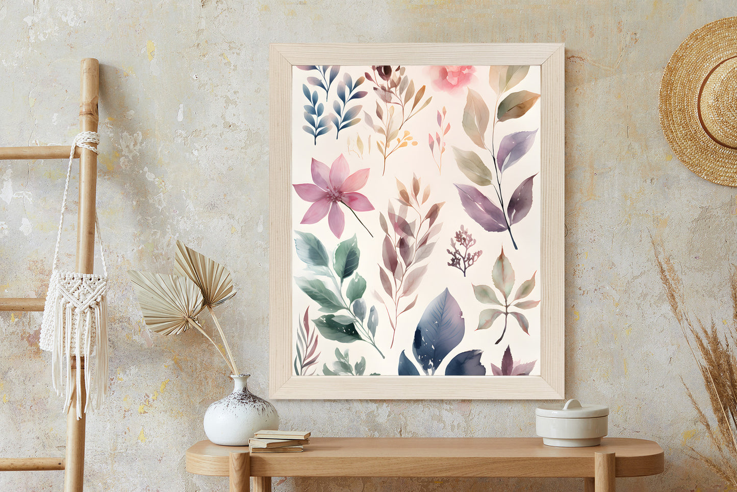 Poster Bunte Blätter Mit Aquarell Bemalt Rahmen Holz Mit Passepartout Farbe Natürlich