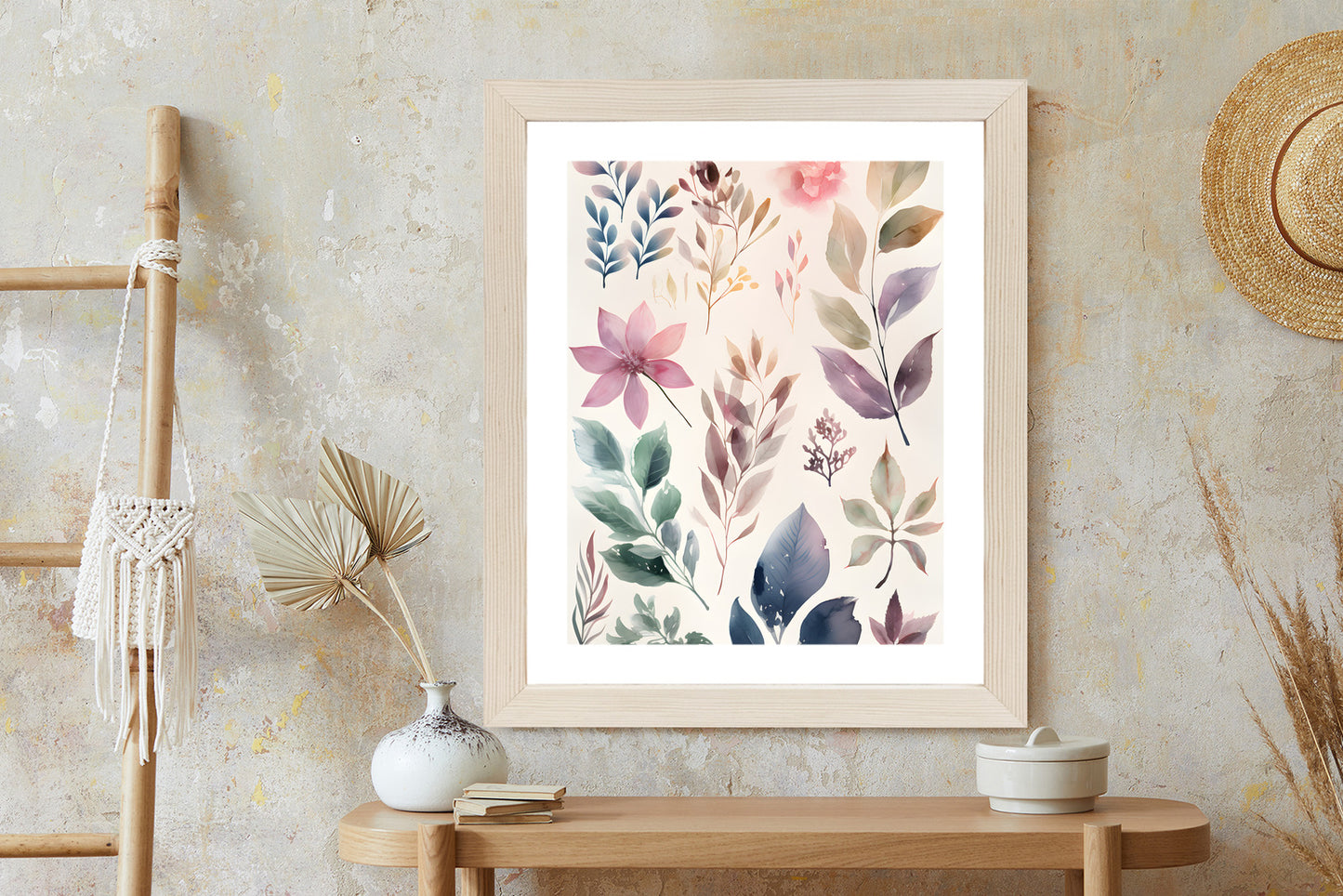 Poster Bunte Blätter Mit Aquarell Bemalt Rahmen Holz Mit Passepartout Farbe Natürlich