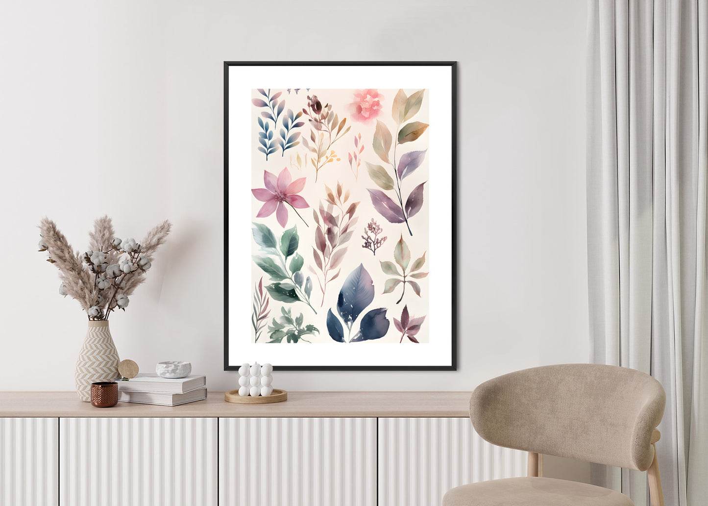 Poster Bunte Blätter Mit Aquarell Bemalt Rahmen Holz Mit Passepartout Farbe Natürlich