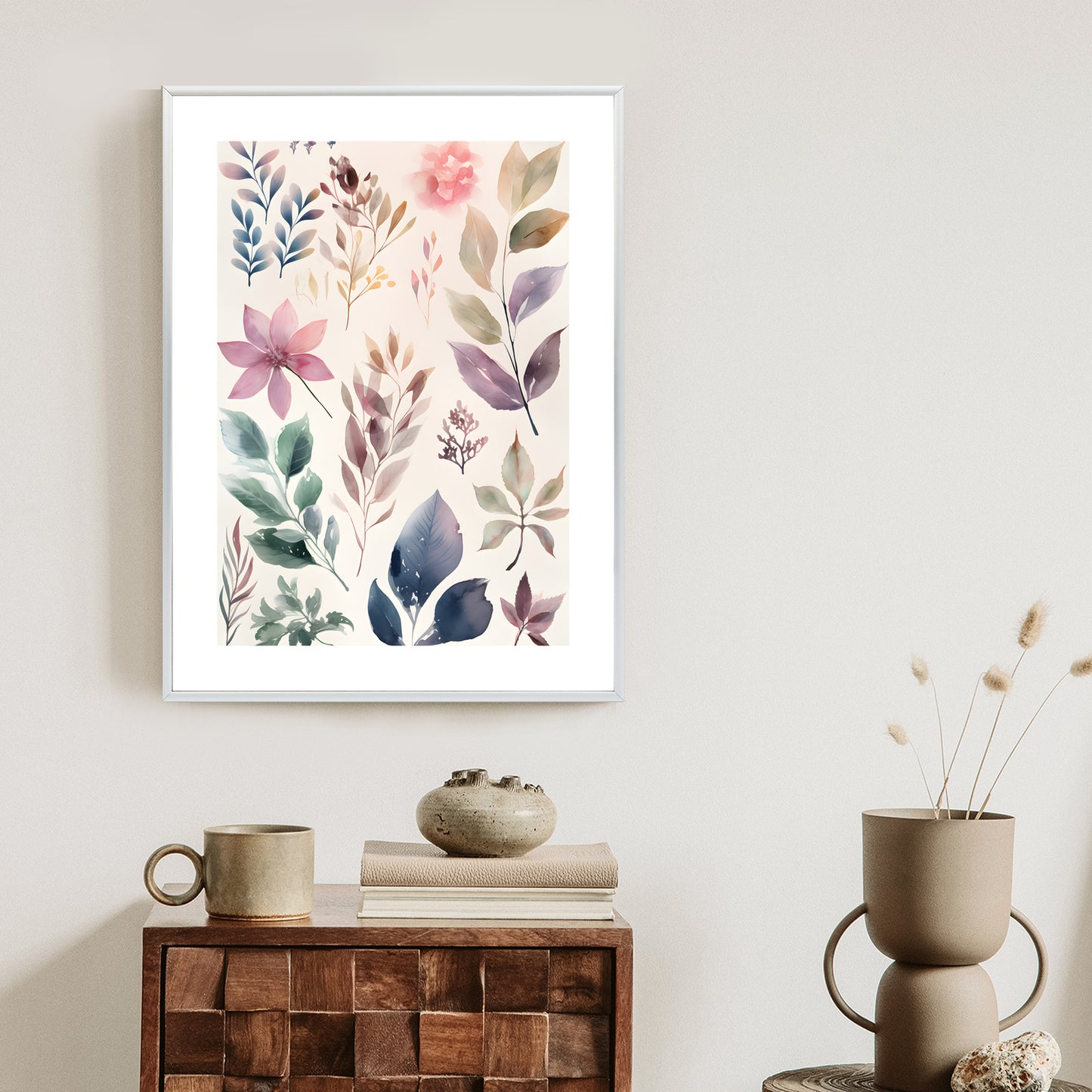 Poster Bunte Blätter Mit Aquarell Bemalt Rahmen Holz Mit Passepartout Farbe Natürlich