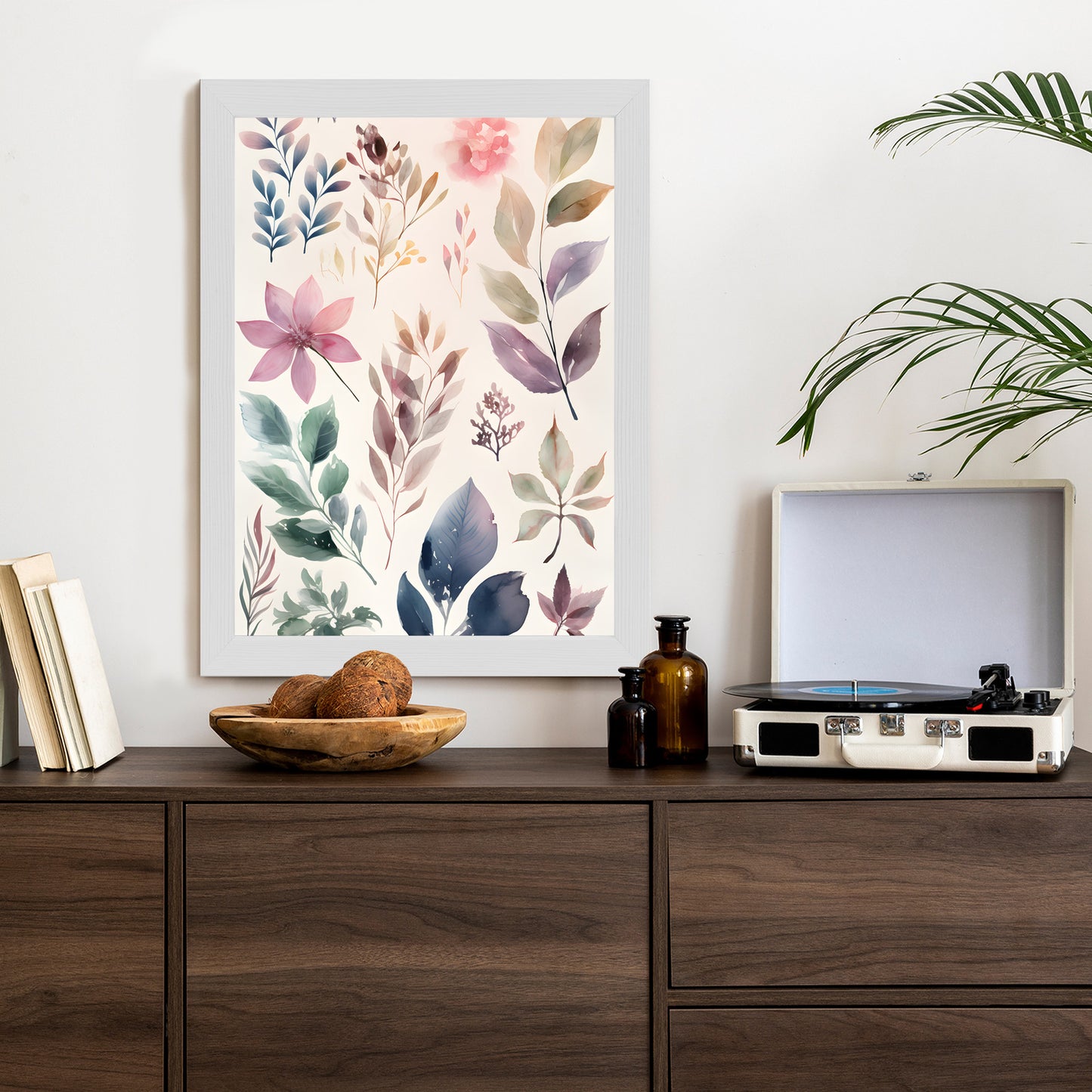 Poster Bunte Blätter Mit Aquarell Bemalt Rahmen Holz Mit Passepartout Farbe Natürlich