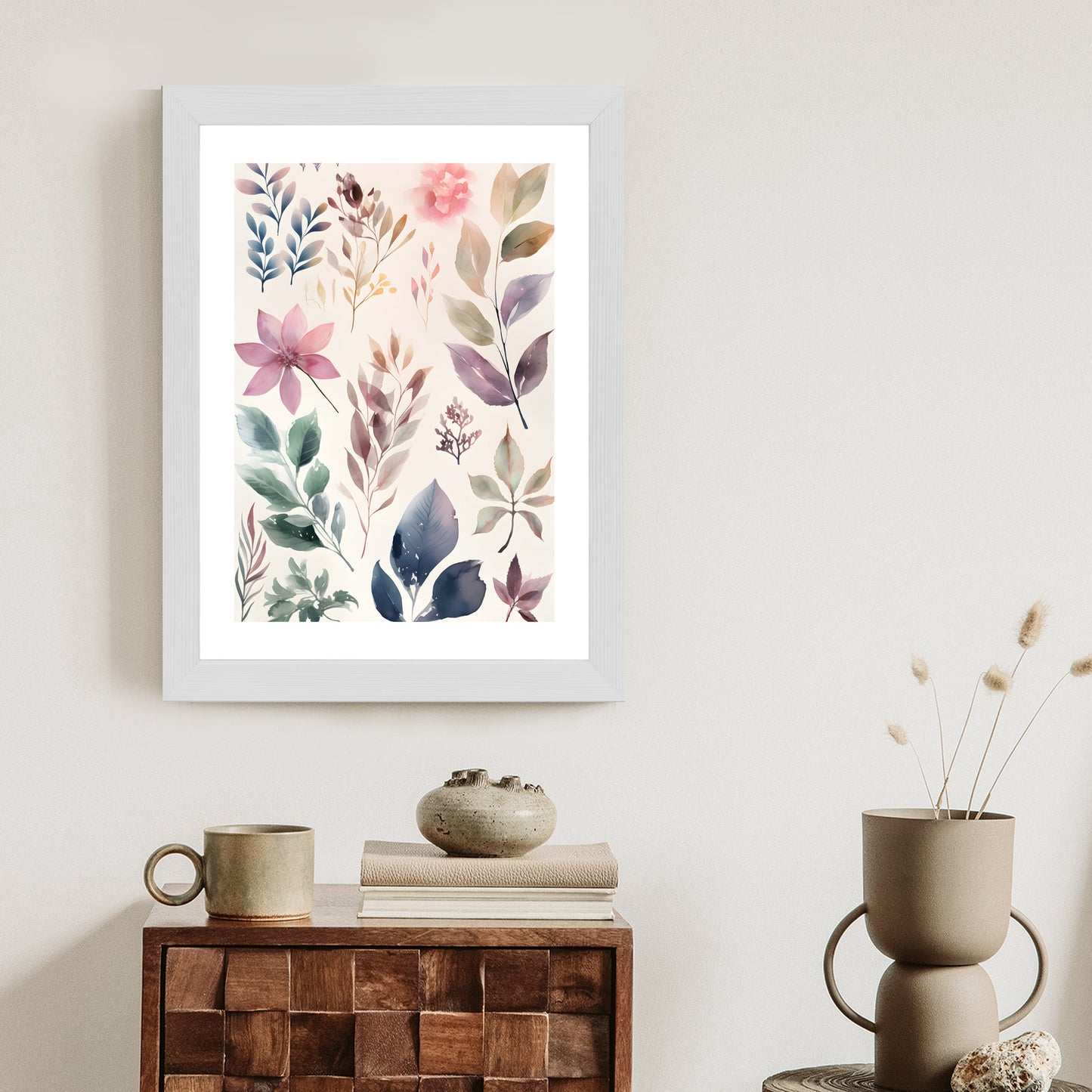 Poster Bunte Blätter Mit Aquarell Bemalt Rahmen Holz Mit Passepartout Farbe Natürlich