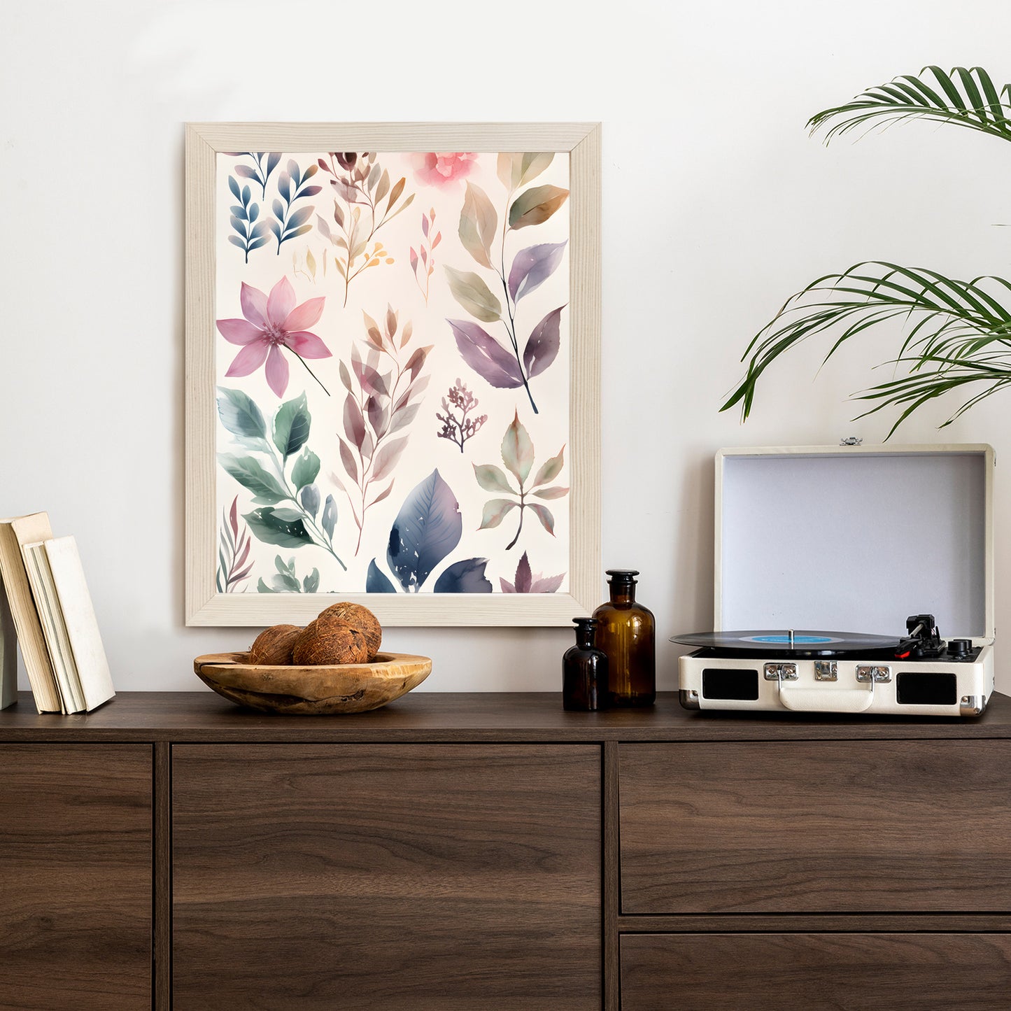 Poster Bunte Blätter Mit Aquarell Bemalt Rahmen Holz Mit Passepartout Farbe Natürlich