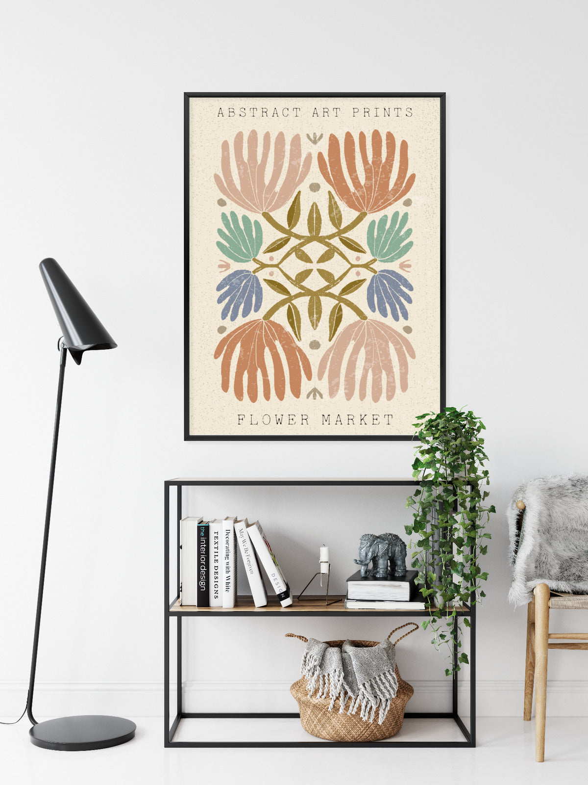Poster Minimalistische Bunte Boho-Blumen Rahmen Holz Mit Passepartout Farbe Natürlich
